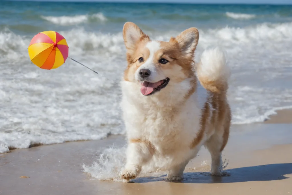 A happy Pembroke Welsh Corgi with a red and white coat playing with a colorful beach ball on the shore of Cannon Beach, with waves in the background.