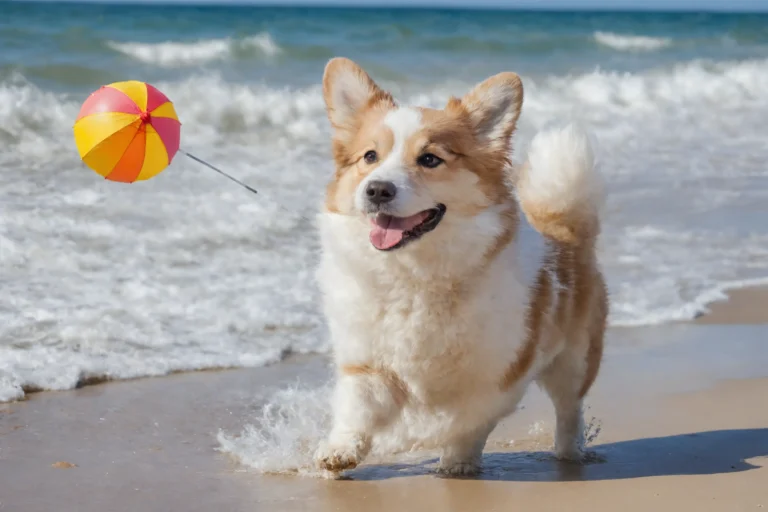 A playful corgi having fun on the beach