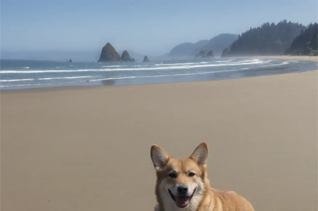 A smiling red and white Corgi sits on the sandy beach at Cannon Beach, with the picturesque Haystack Rocks and the Pacific Ocean in the background.