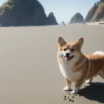 A cheerful red and white Corgi standing on the vast sandy expanse of Cannon Beach, with the distinctive Haystack Rocks and clear blue skies in the backdrop.