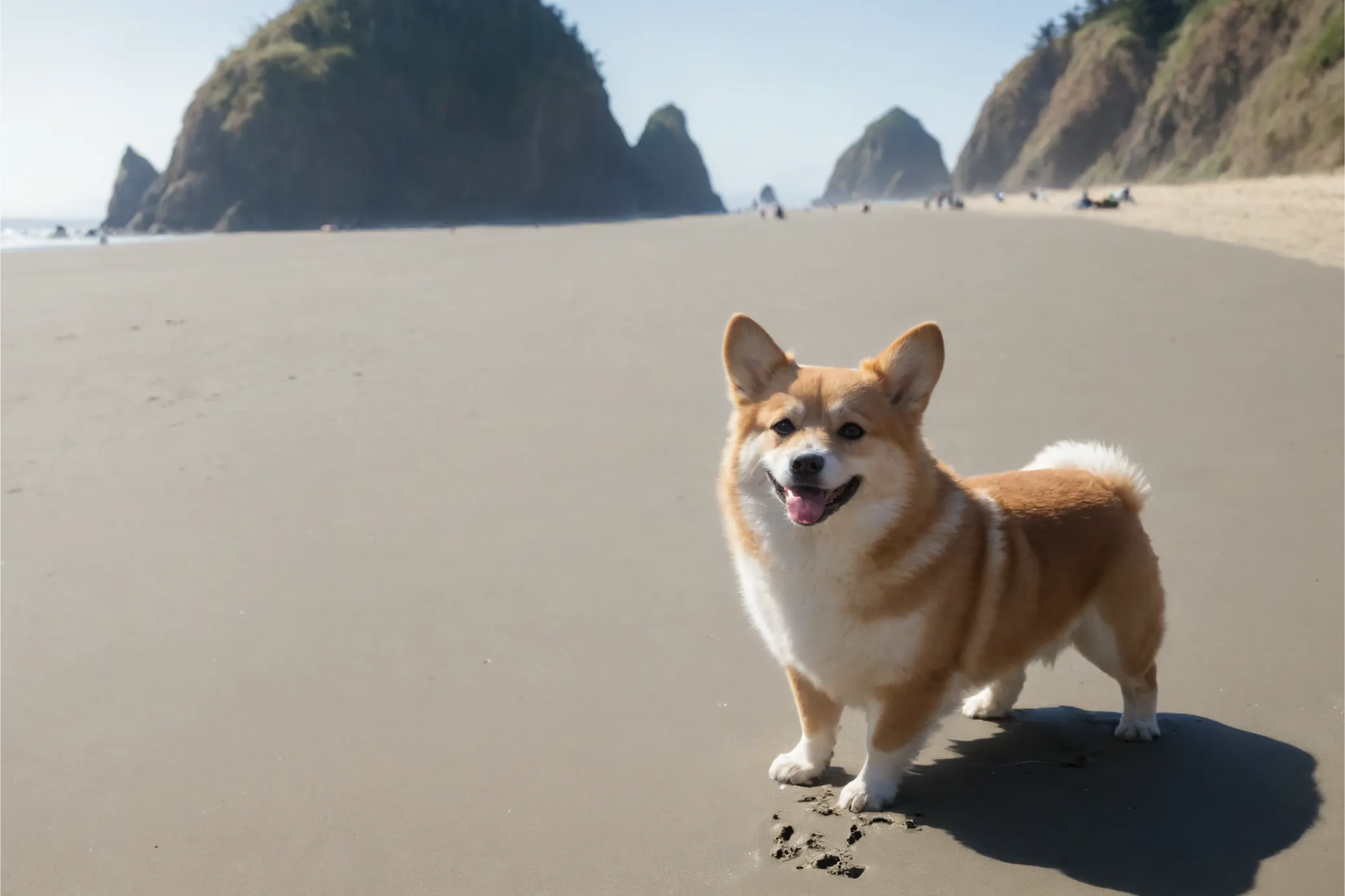 A cheerful red and white Corgi standing on the vast sandy expanse of Cannon Beach, with the distinctive Haystack Rocks and clear blue skies in the backdrop.