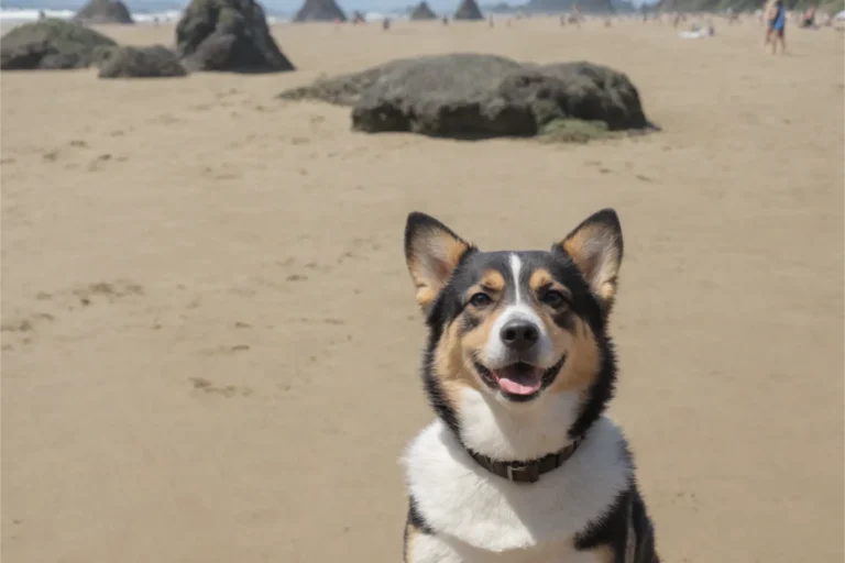 A tri-color Corgi dog with a bright expression stands on Cannon Beach, with iconic haystack rocks and beachgoers in the background.