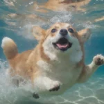 A Corgi dog swimming happily in clear blue water, showcasing its natural ability to swim safely with buoyancy and ease.