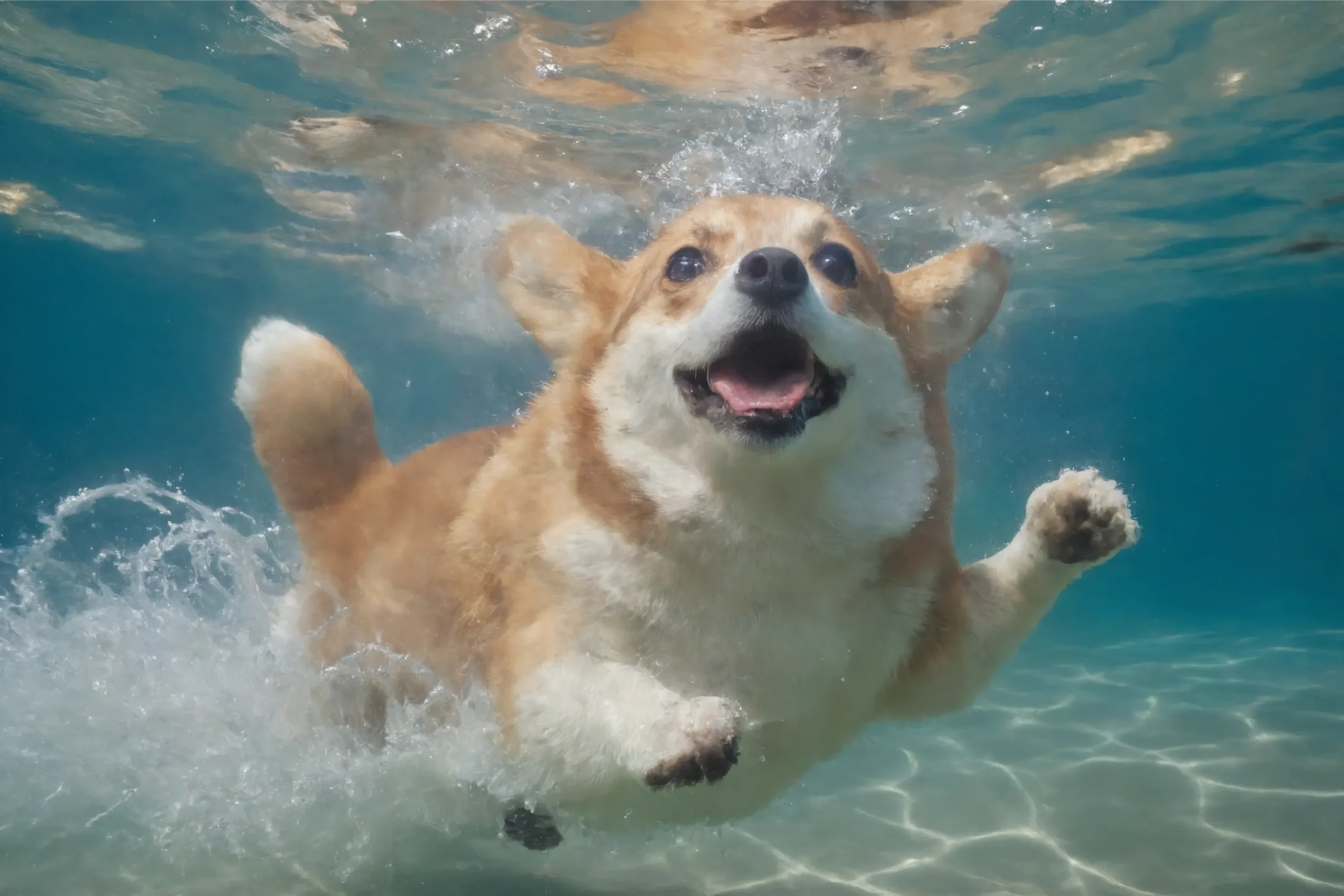 A Corgi dog swimming happily in clear blue water, showcasing its natural ability to swim safely with buoyancy and ease.