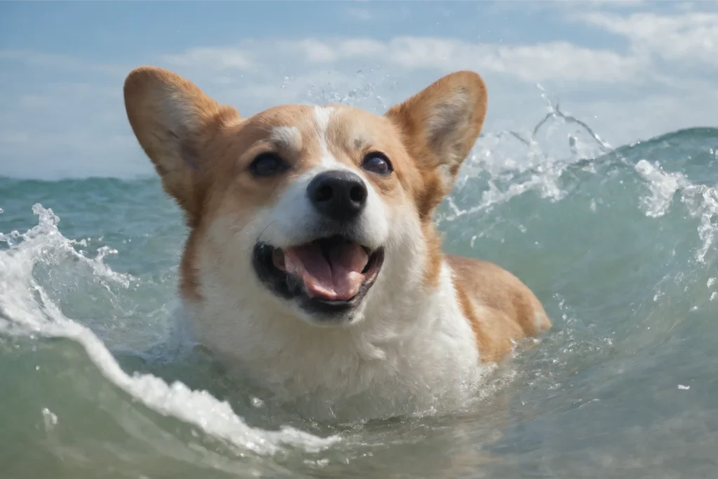 A Corgi dog joyfully swimming in the sea, with waves splashing around, illustrating the breed's swimming prowess and enjoyment.