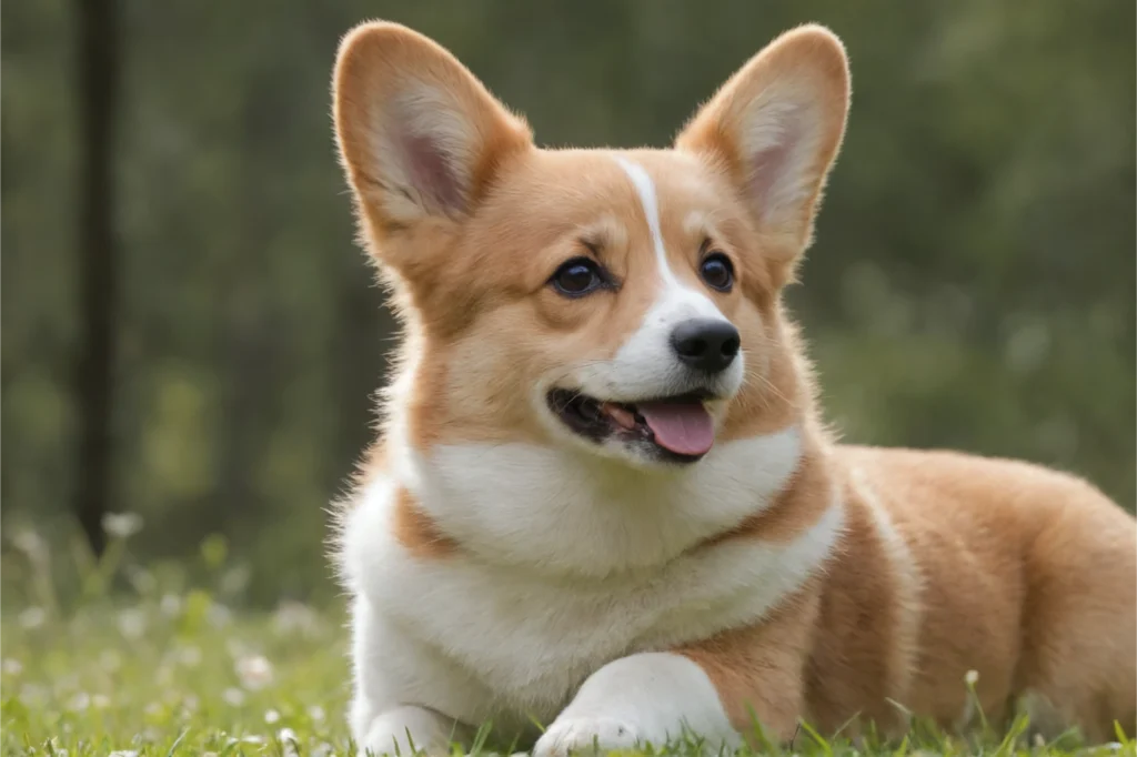 A Corgi sitting on the grass with a relaxed posture