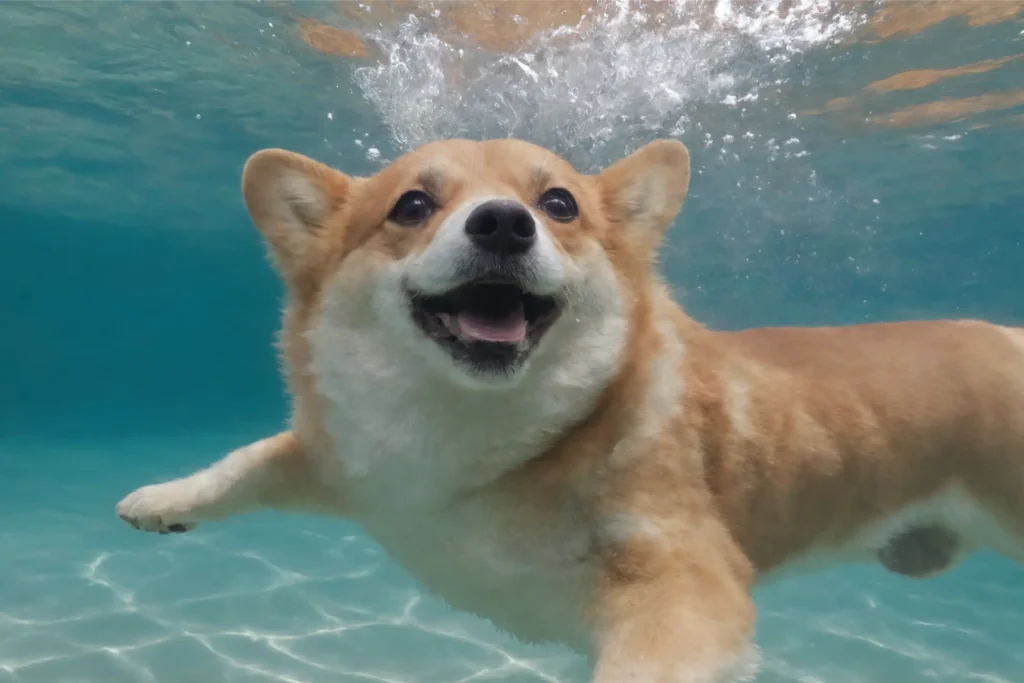 An exuberant Corgi swimming in clear blue water, showcasing the importance of water safety for pets.