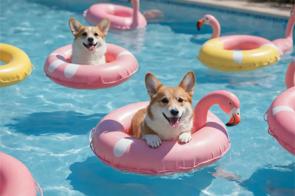 Two Corgis enjoying water games with inflatable rings in a pool.