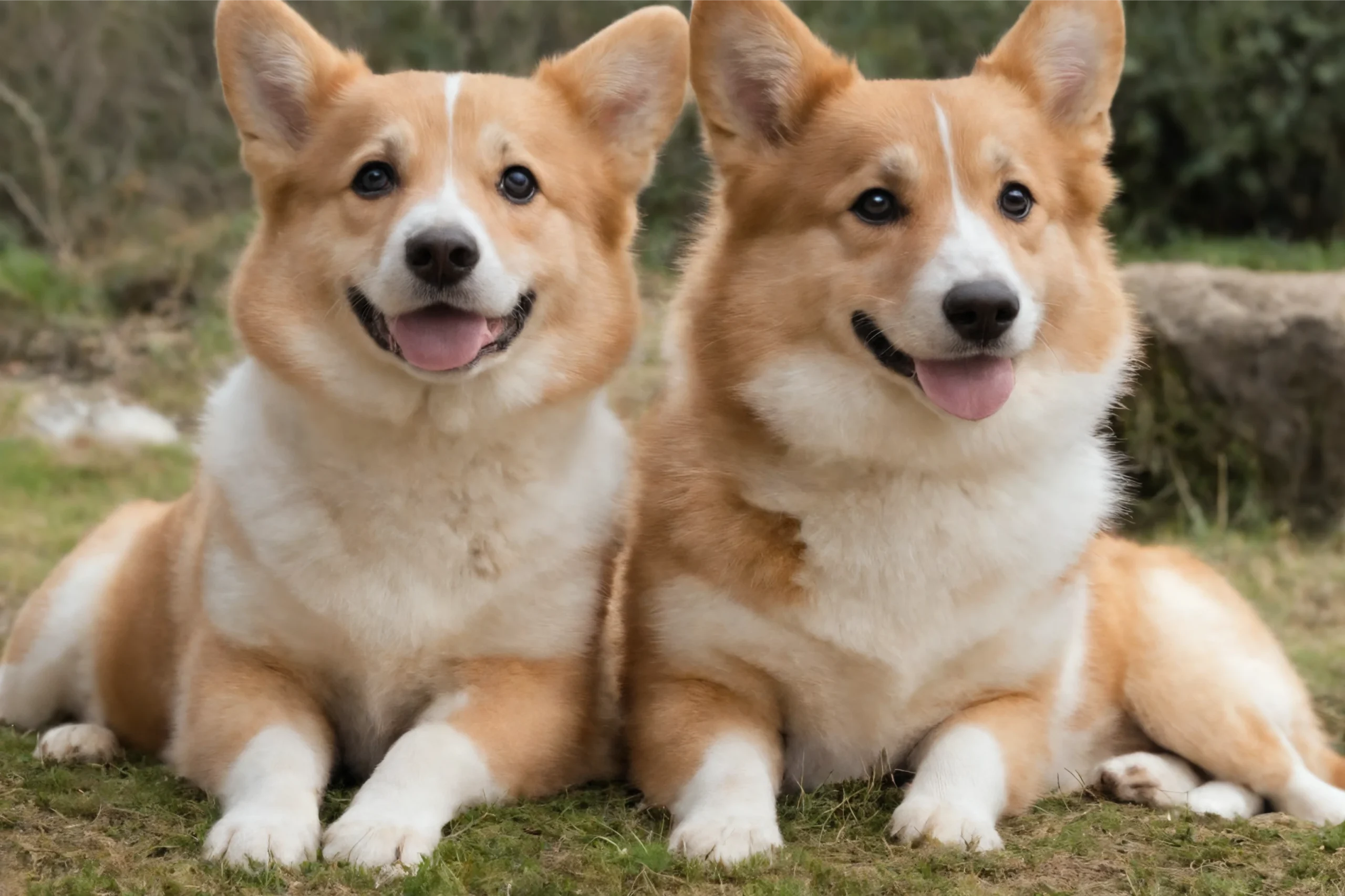 Two furry Corgis sitting side by side outdoors