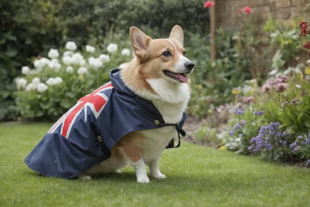 Royal Corgi in a typical British backyard