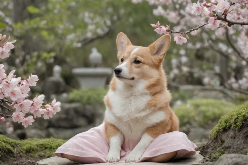 A serene Corgi seated on a pink cushion, with delicate cherry blossoms in the background, evoking a tranquil garden scene.