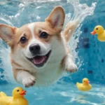 A cheerful Corgi swimming among yellow rubber ducks in a blue tiled pool, displaying the breed's affinity for water activities.