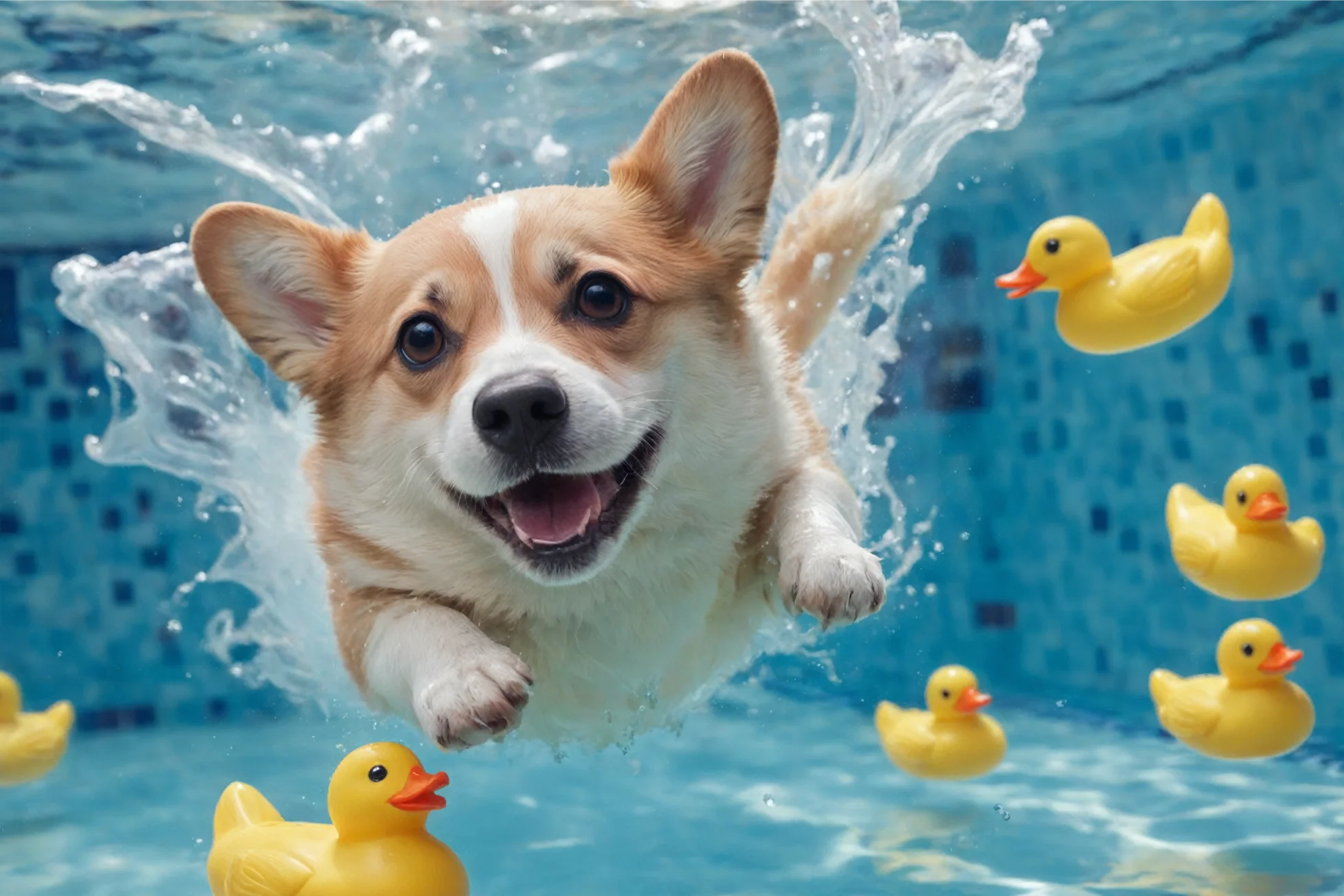 A cheerful Corgi swimming among yellow rubber ducks in a blue tiled pool, displaying the breed's affinity for water activities.