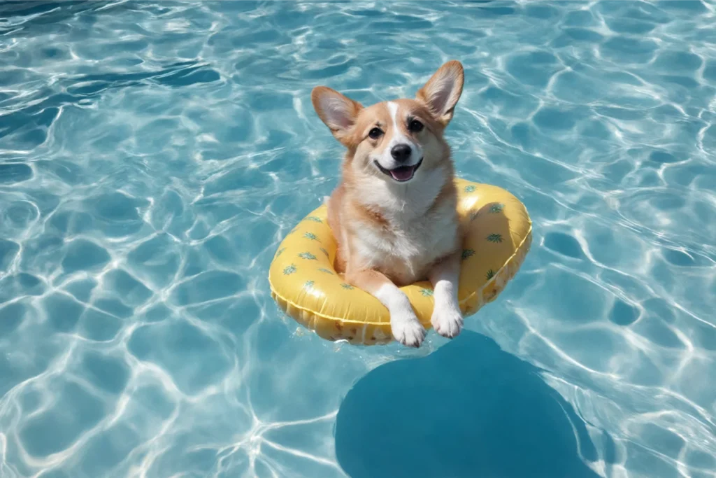 A content Corgi lounging on a yellow pool float in clear blue water, hinting at the breed's enjoyment of leisurely swims.