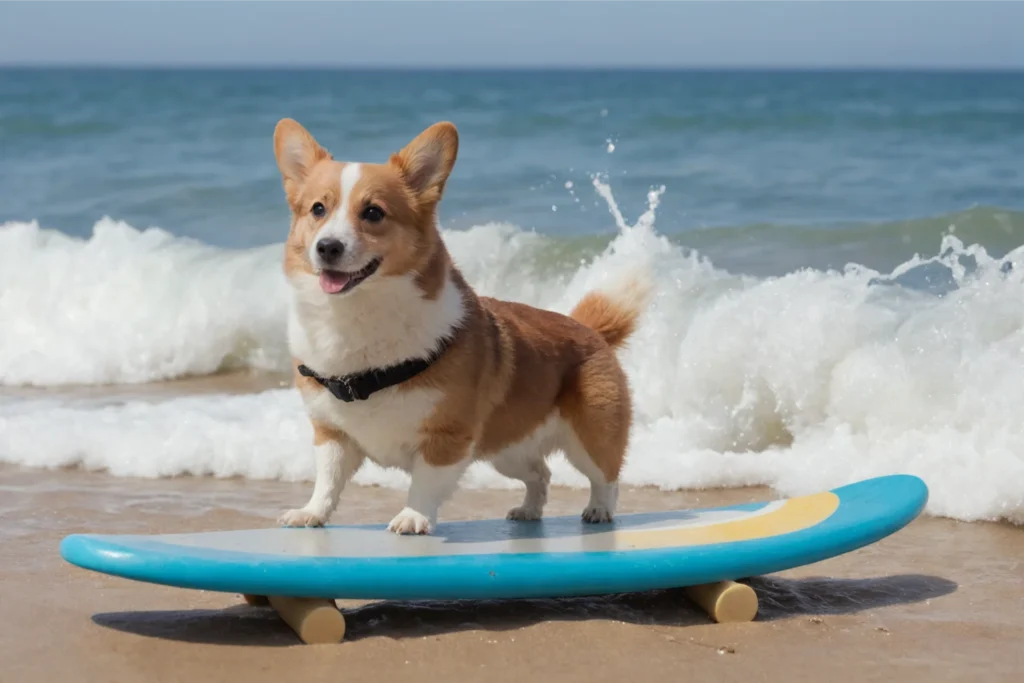 An adventurous Corgi stands confidently on a surfboard at the beach, with ocean waves cresting behind, showcasing the breed's potential love for water sports.