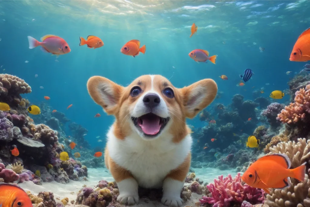 An animated Corgi amidst vibrant coral reefs and tropical fish, playfully exploring underwater wonders, which may suggest a likeness for swimming.